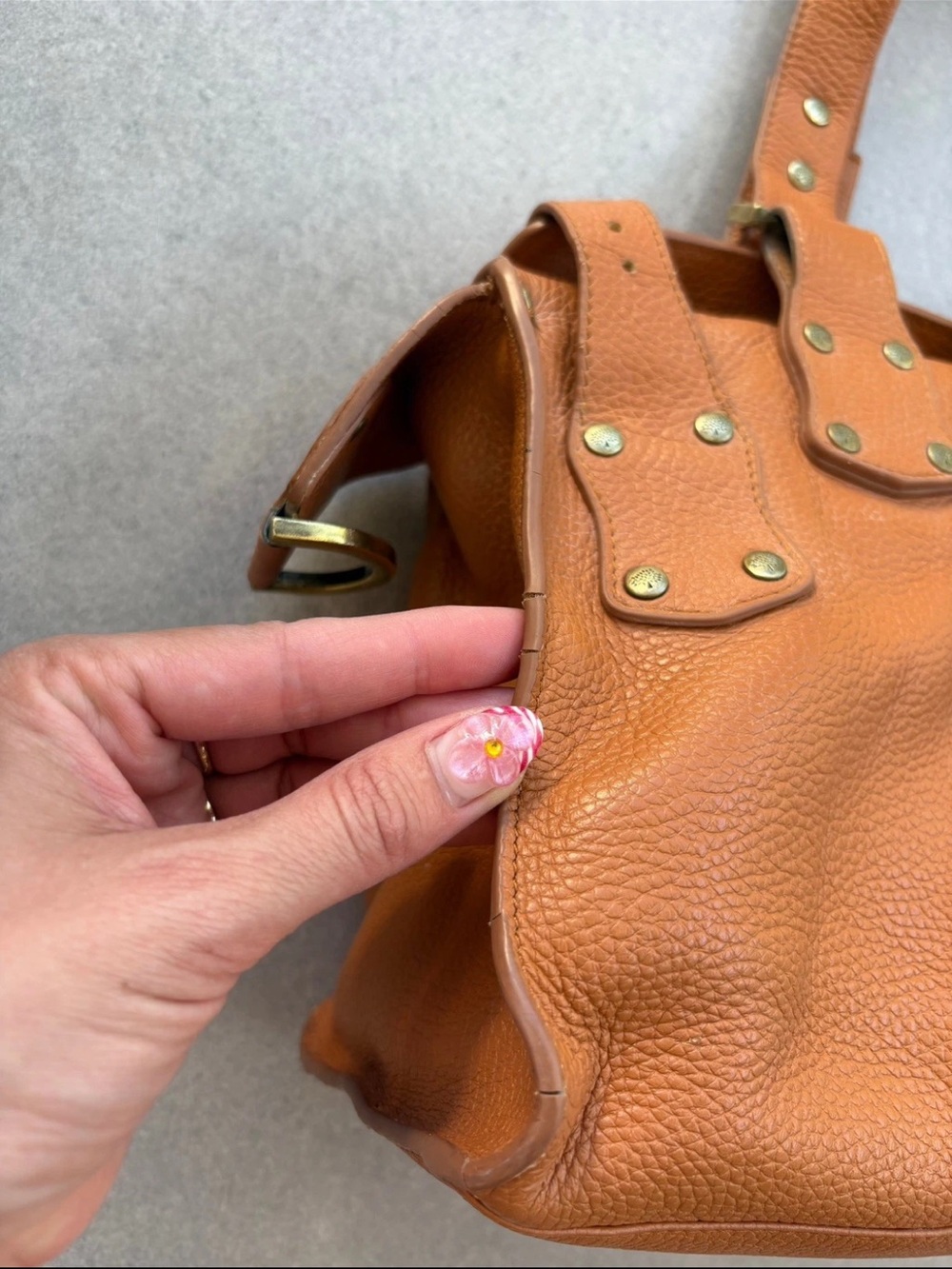 Mulberry Orange-Tan Pebbled Leather Satchel with Buckle Pockets - Picture 8 of 16